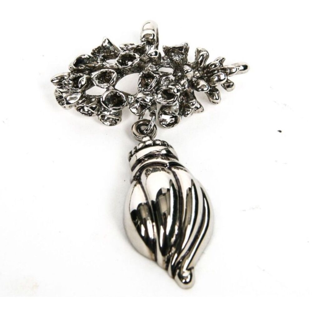 Vintage Rebecca Collins Silver Nautical Coral & Shell Motif Pendant Scarf Clip